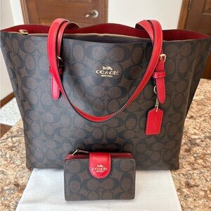 Coach monogram Brown and Red Tote Bag with matching wallet